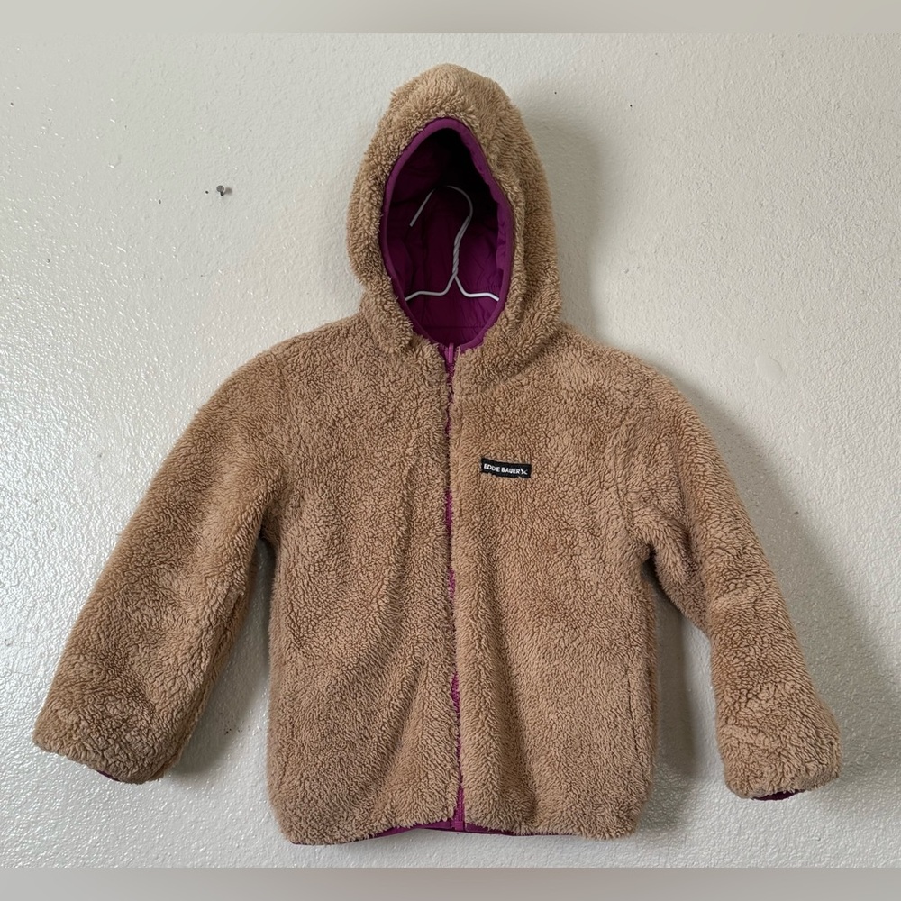 Eddie Bauer Girls XS 5/6 Reversible Purple/Blue Sherpa Jacket Coat Winter Cozy